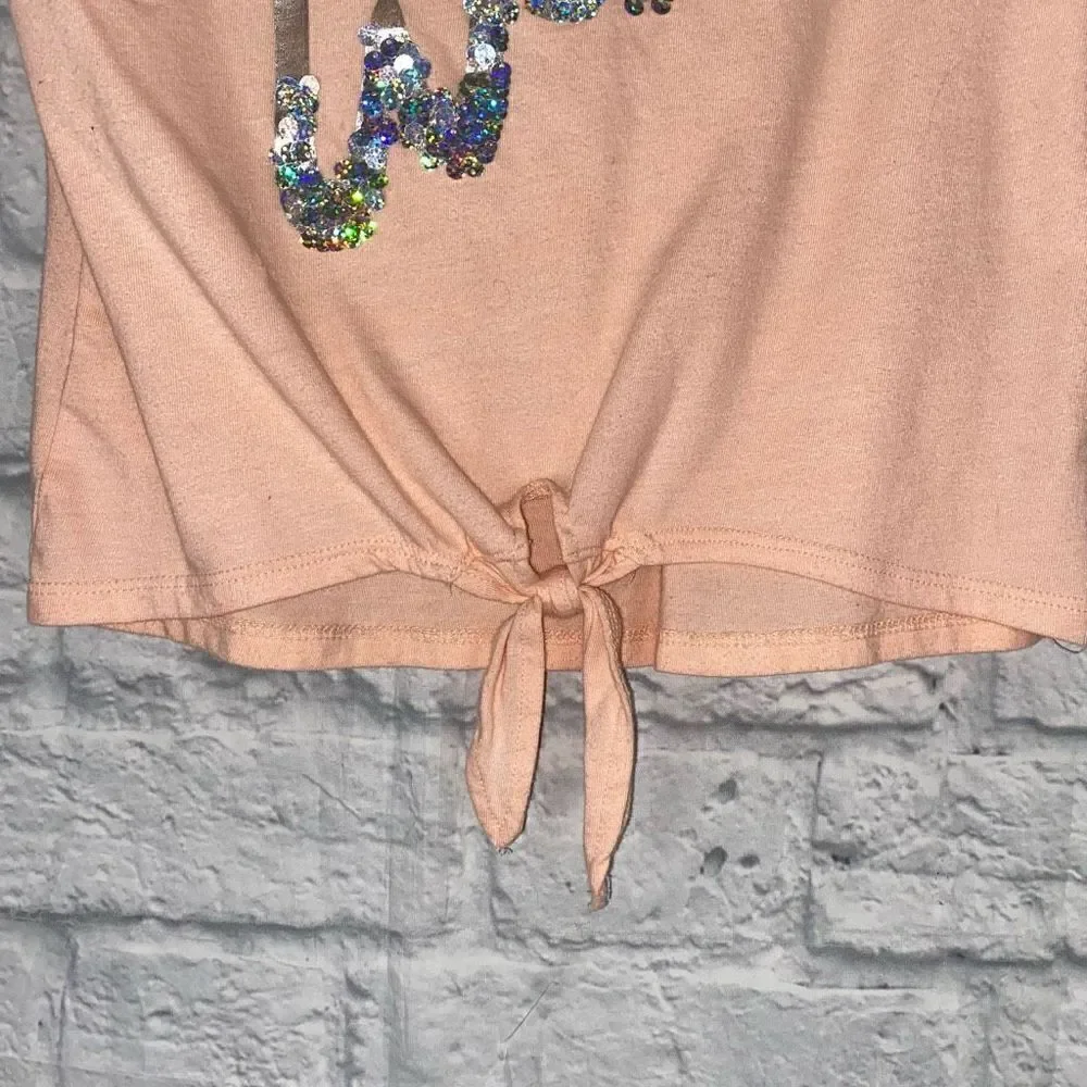 Justice girls youth 10 short sleeve tie front top w/sequins peach color